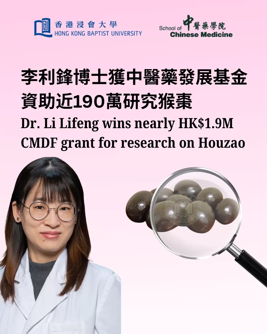 李利锋博士获中医药发展基金近190万港元展开对猴枣的全面系统性研究
